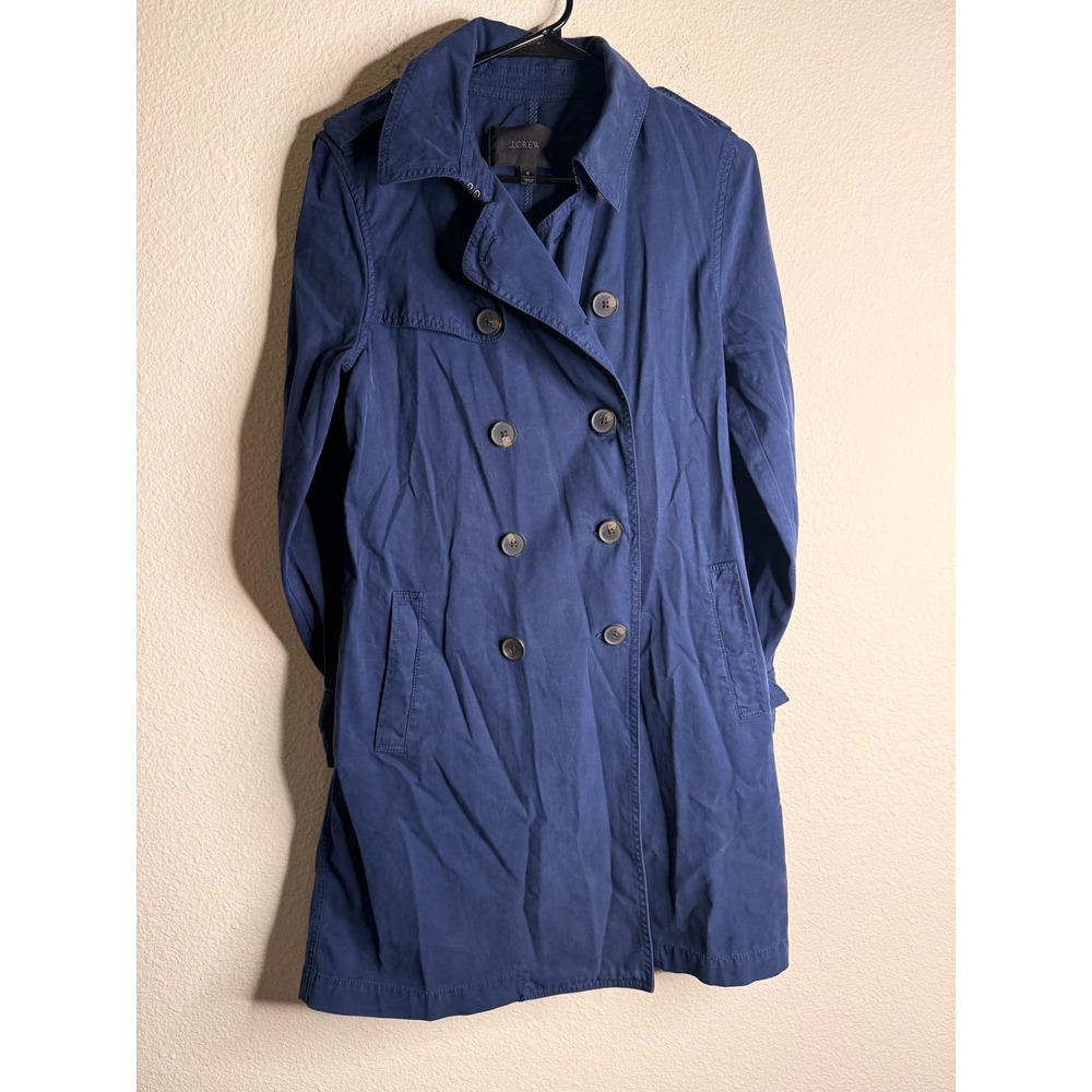 J.Crew Trench Coat Womens 8 Blue Preppy Cotton Lyocell Double Breasted Belted